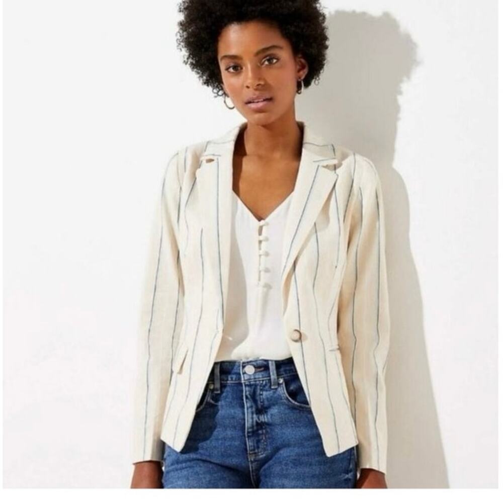 LOFT Linen Blend Striped Blazer Size 10 Cream Blue Coastal Preppy Capsule Summer